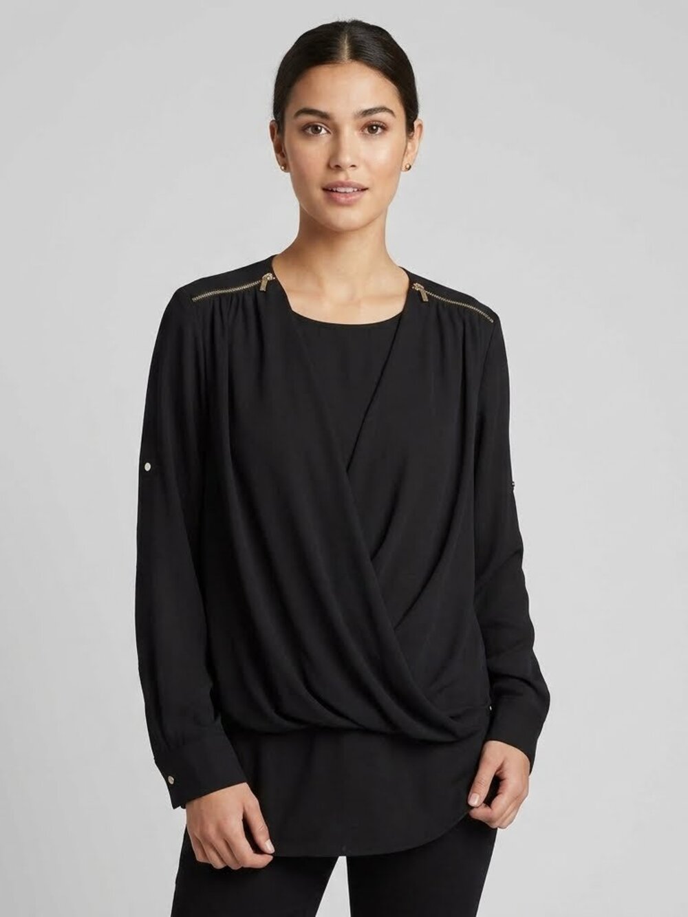 Calvin Klein Black Flowy Blouse w Gold Zippers